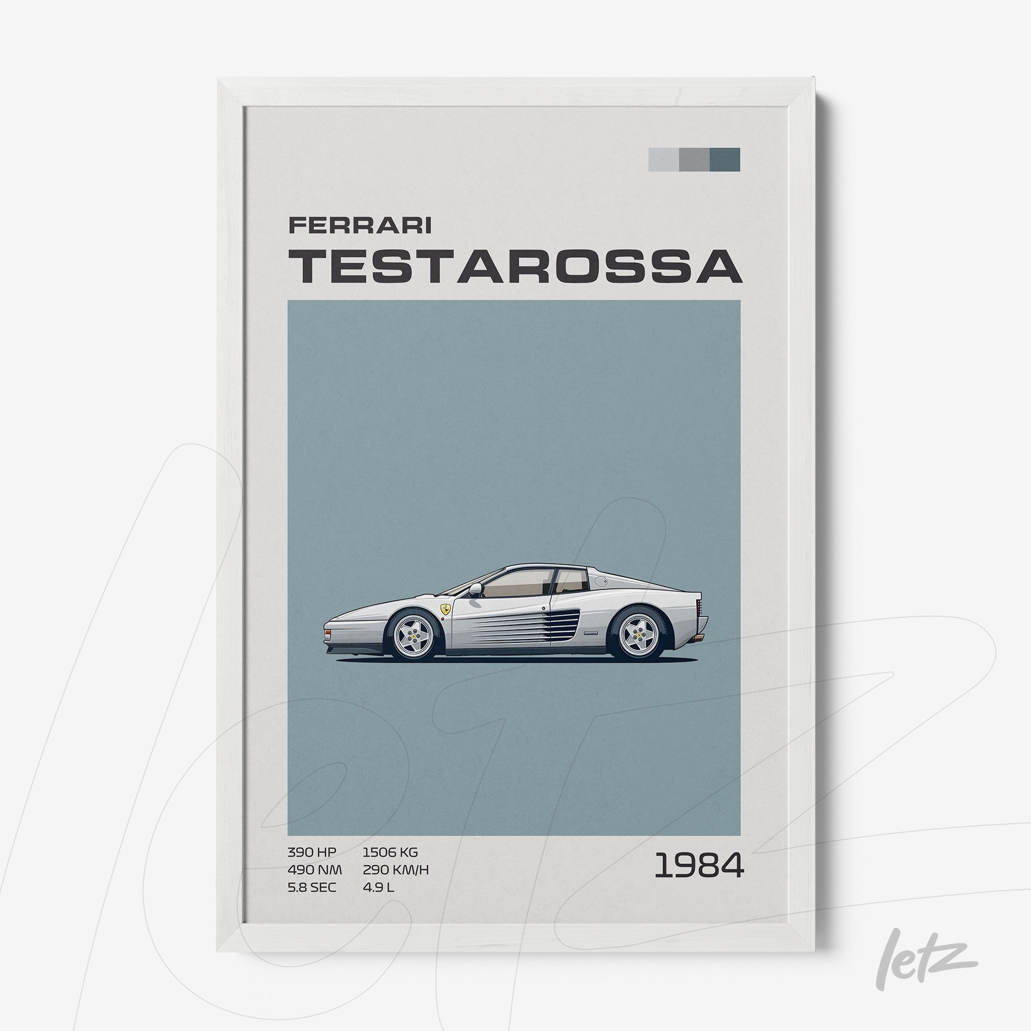 quadro com ilustração minimalista de um carro Ferrari Testarossa em fundo azul, moldura branca