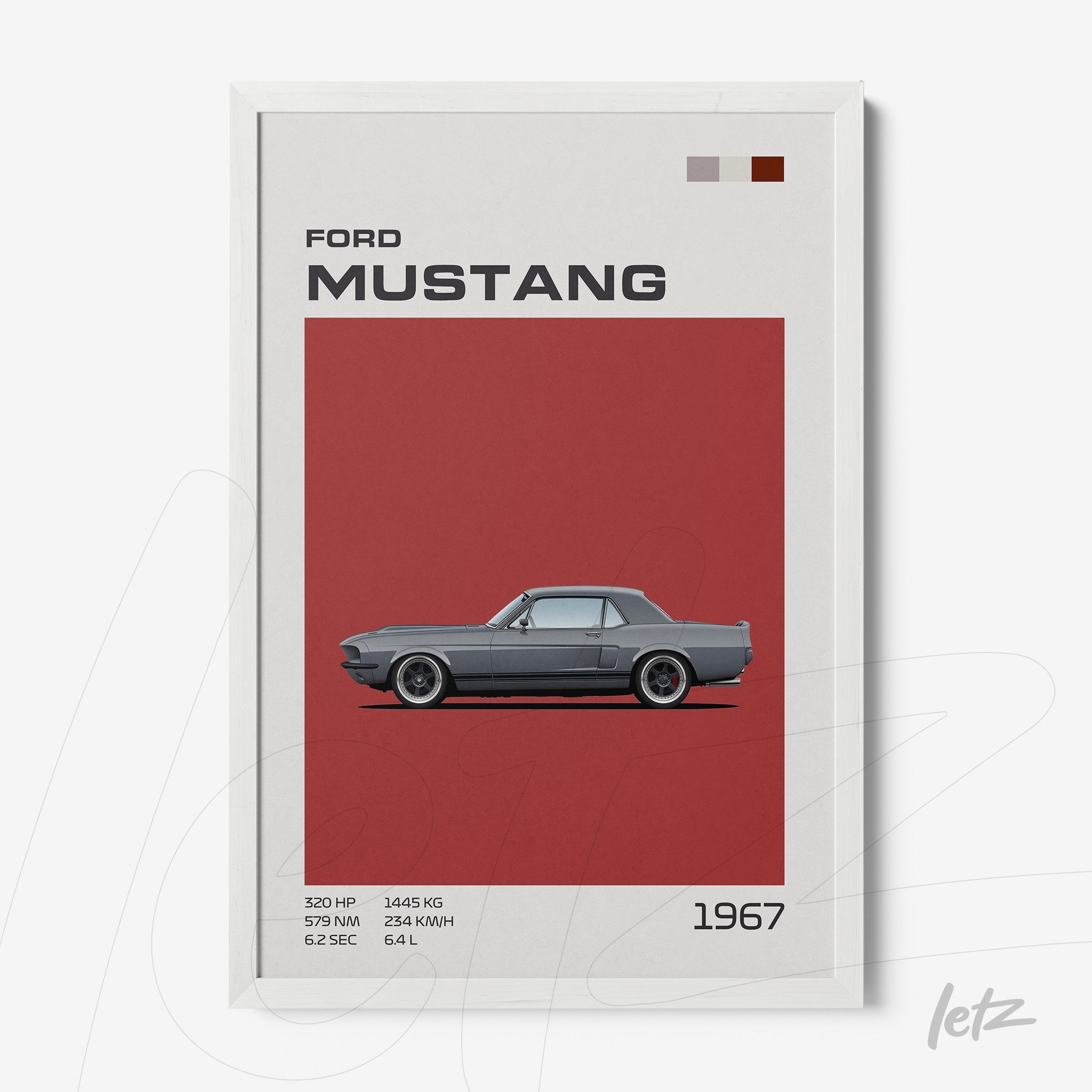 quadro com arte digital de carro Ford Mustang 1967 em moldura branca com fundo vermelho
