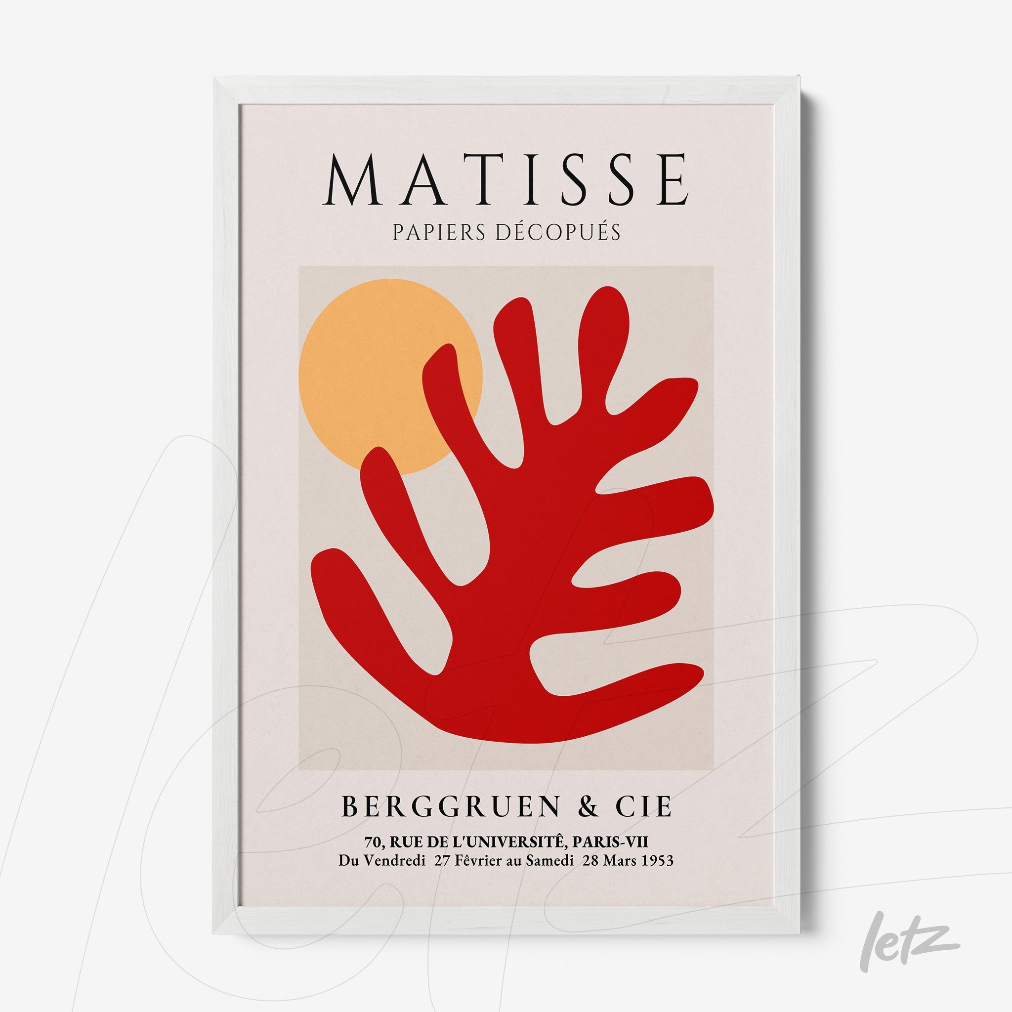 quadro decorativo com ilustração de formas abstratas em vermelho e amarelo, moldura branca, tema inspirado em Matisse