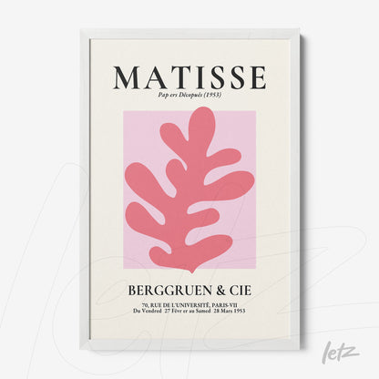 quadro decorativo com ilustração em cores rosa e branca inspirado em Matisse, moldura branca simples e fundo neutro