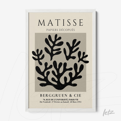 quadro com arte recortada em preto e branco inspirado em Matisse, com moldura branca