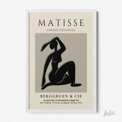 quadro com arte do artista Matisse apresentando uma figura feminina em silhueta sobre fundo cinza, em moldura branca