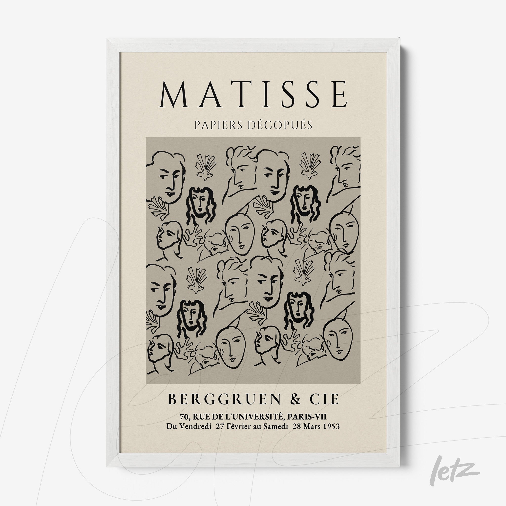 quadro com arte de Matisse representando rostos e formas em estilização em moldura branca