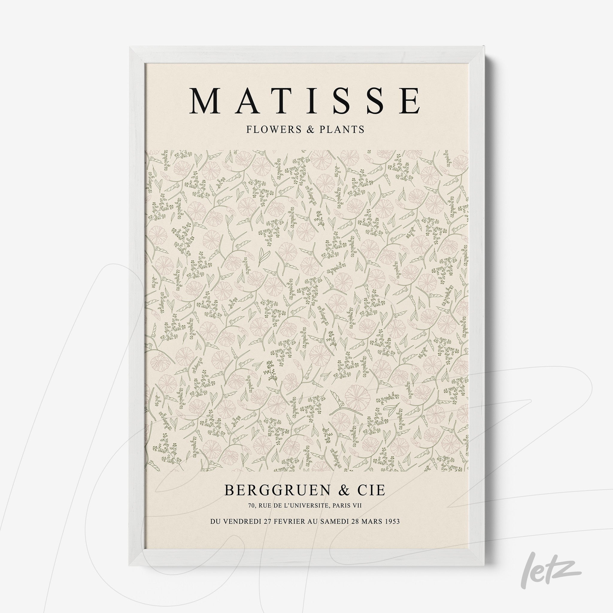 quadro decorativo com padrão floral em tons suaves, moldura branca e texto com o nome Matisse
