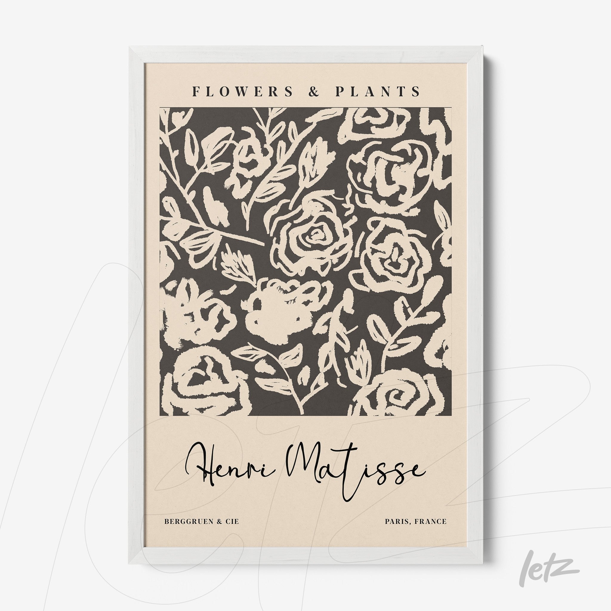 quadro com arte floral em estilo moderno com fundo bege e moldura branca