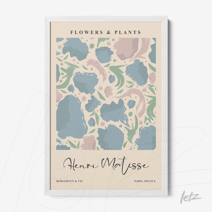 quadro com arte de plantas e flores em moldura branca, estilo moderno com cores suaves e texto elegante