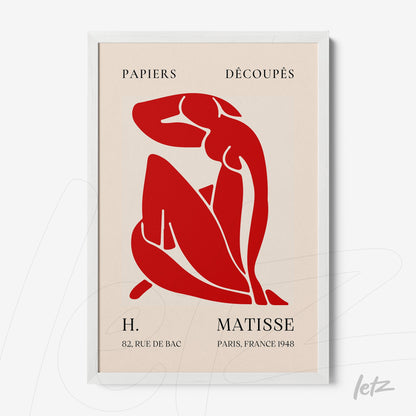 quadro com arte moderna de figura humana em vermelho sobre fundo claro, moldura branca