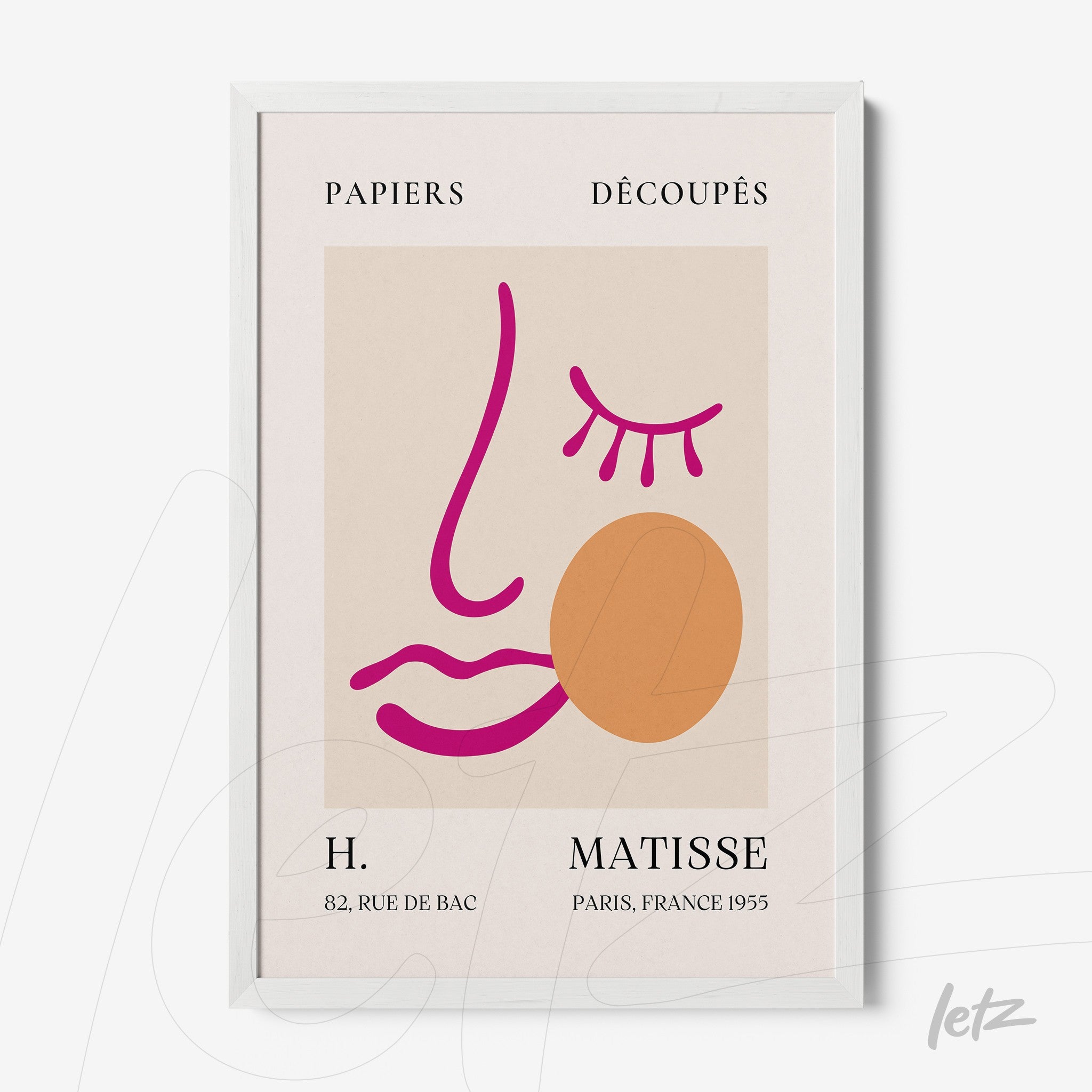 quadro com arte abstrata de rosto estilizado em fundo bege claro, assinatura de Matisse no rodapé e moldura branca