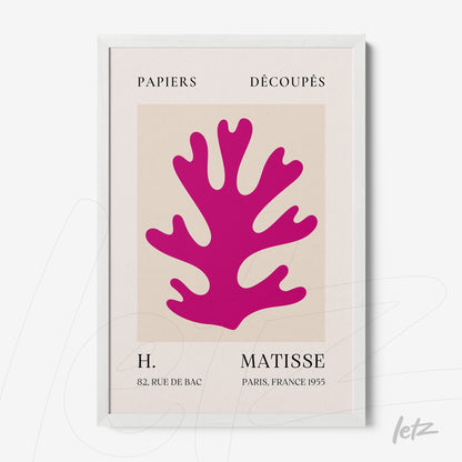 quadro com arte moderna de um desenho em formato de coral rosa sobre fundo claro, moldura branca