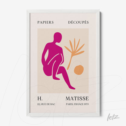 quadro com arte de estilo moderno representando figura humana em rosa, planta em amarelo, sobre fundo claro com moldura branca