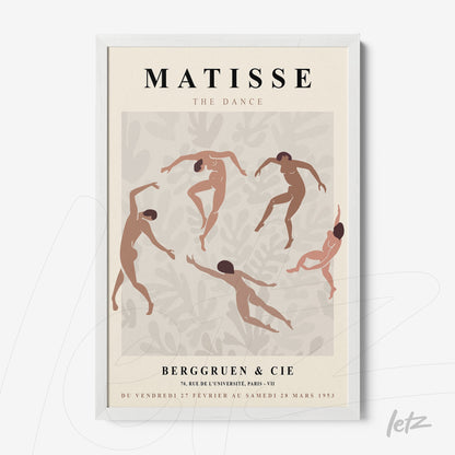 quadro com arte moderna estilizada de dançarinos em fundo bege, moldura branca fina