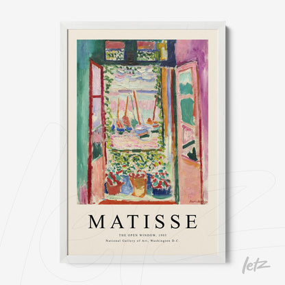 quadro com arte de Henri Matisse chamado A Janela Aberta, apresentando janelas abertas com vista para um jardim florido em cores vibrantes e moldura branca