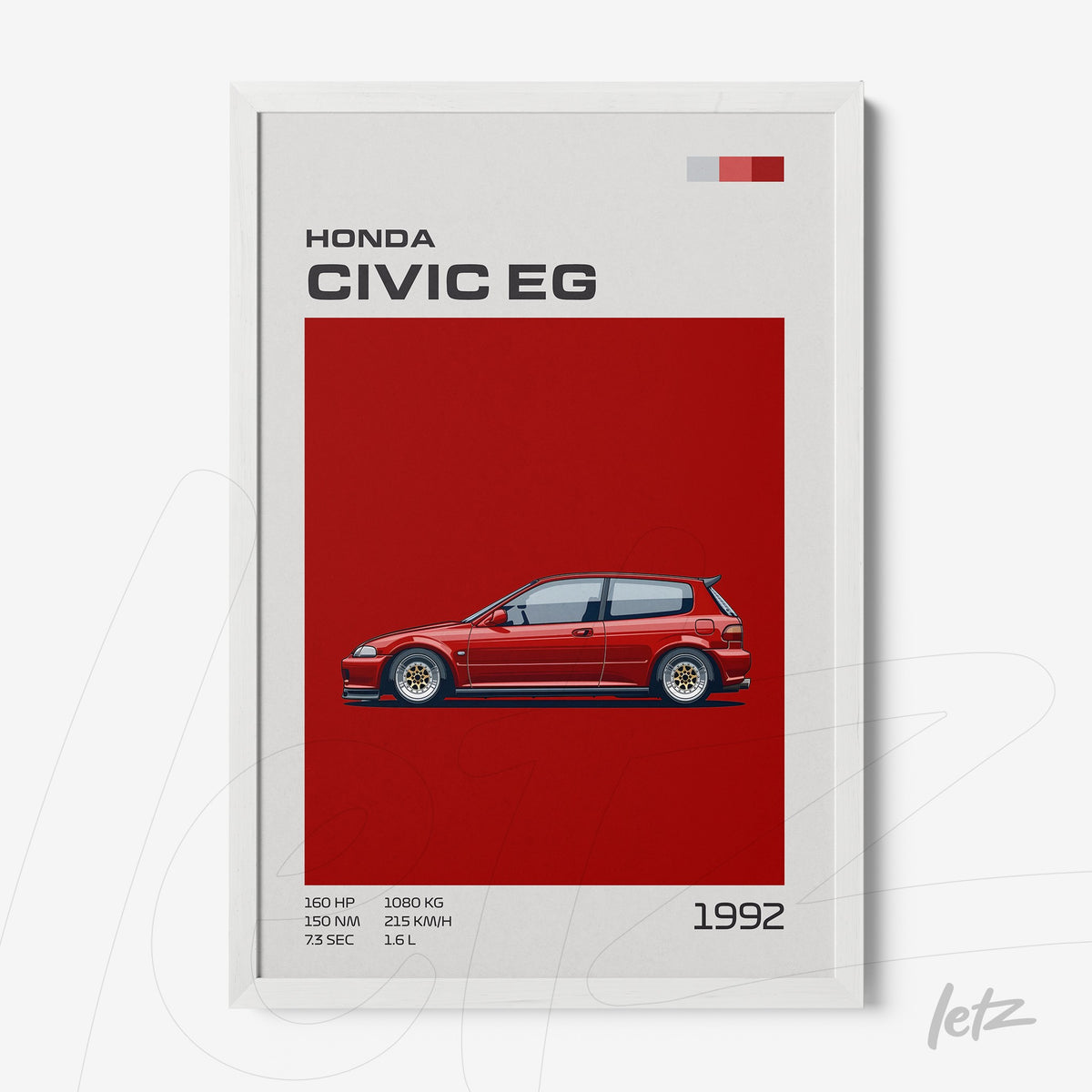 quadro decorativo com ilustração do carro Honda Civic EG em fundo vermelho e moldura branca