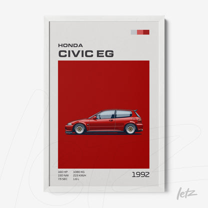 quadro decorativo com ilustração do carro Honda Civic EG em fundo vermelho e moldura branca