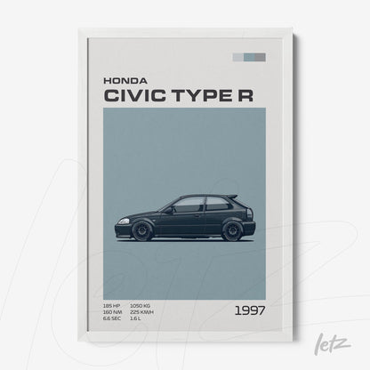 quadro com ilustração do Honda Civic Type R de 1997 em moldura branca, apresentando informações técnicas e um fundo azul claro