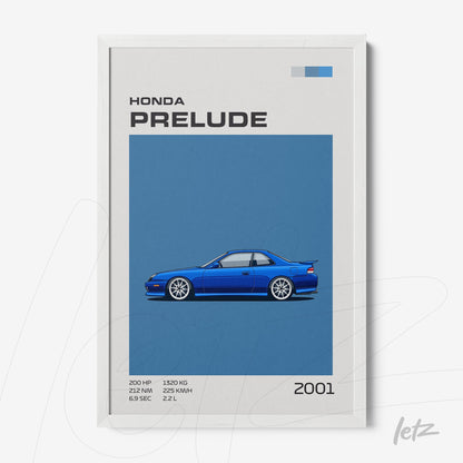 quadro com ilustração do Honda Prelude de 2001 em fundo azul, moldura branca