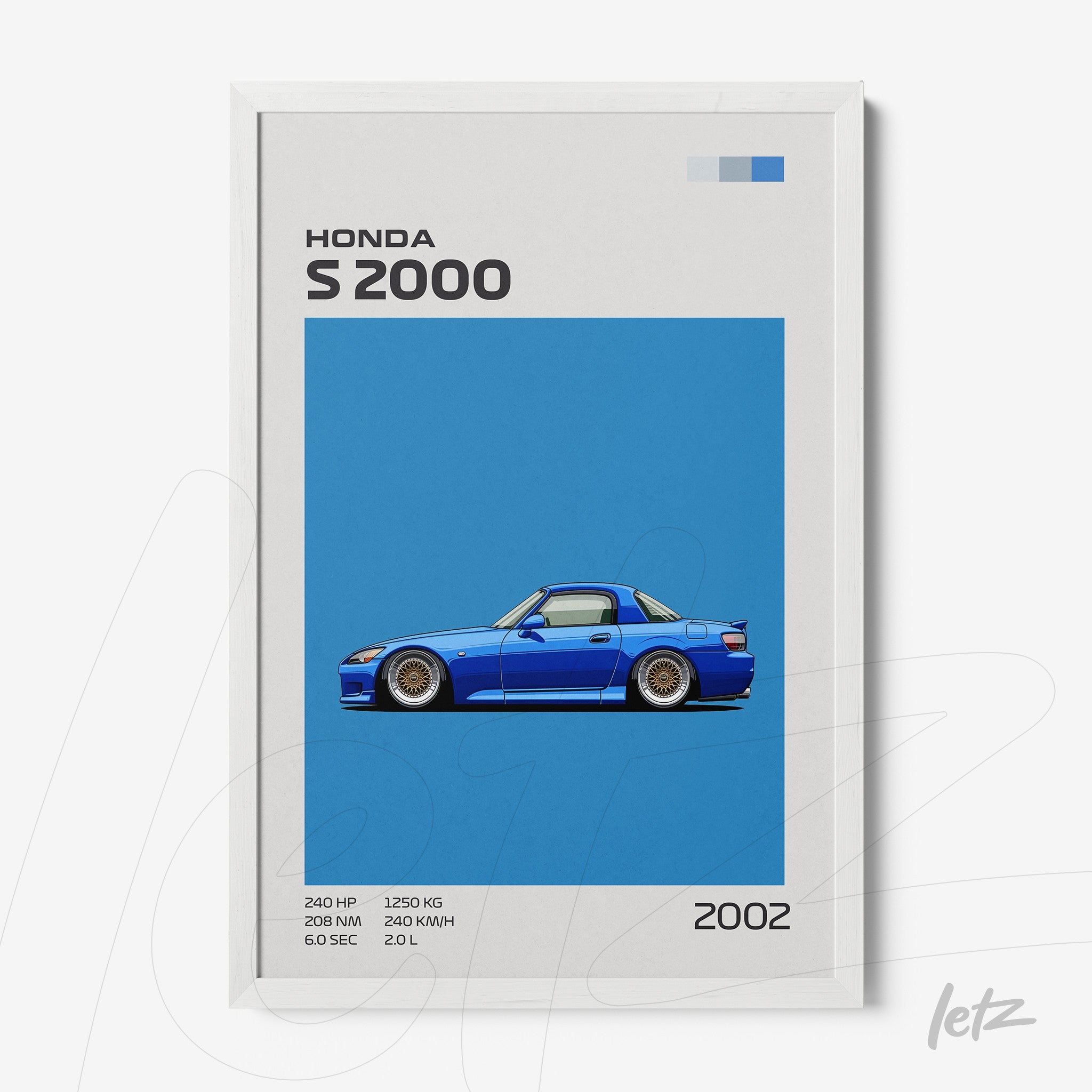 quadro com ilustração do carro Honda S2000 em fundo azul vibrante e moldura branca
