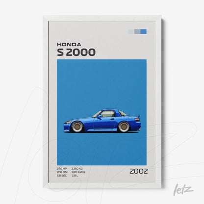 quadro com ilustração do carro Honda S2000 em fundo azul vibrante e moldura branca