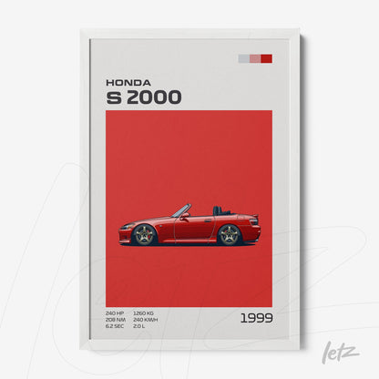 quadro com ilustração estilizada do carro Honda S2000 em fundo vermelho com moldura branca