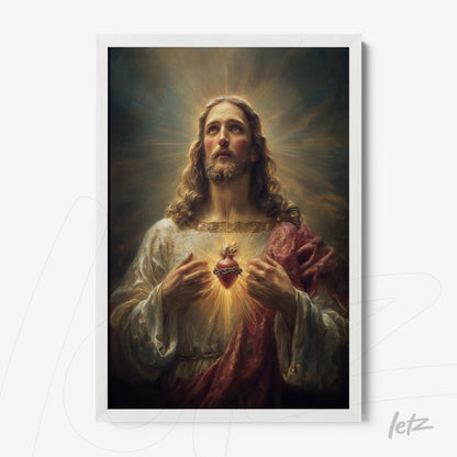 quadro com imagem religiosa de Jesus Cristo com coração radiante, moldura branca