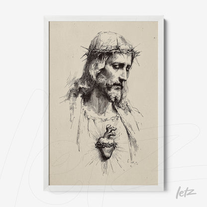 quadro com ilustração religiosa de Jesus Cristo em estilo vintage com moldura branca
