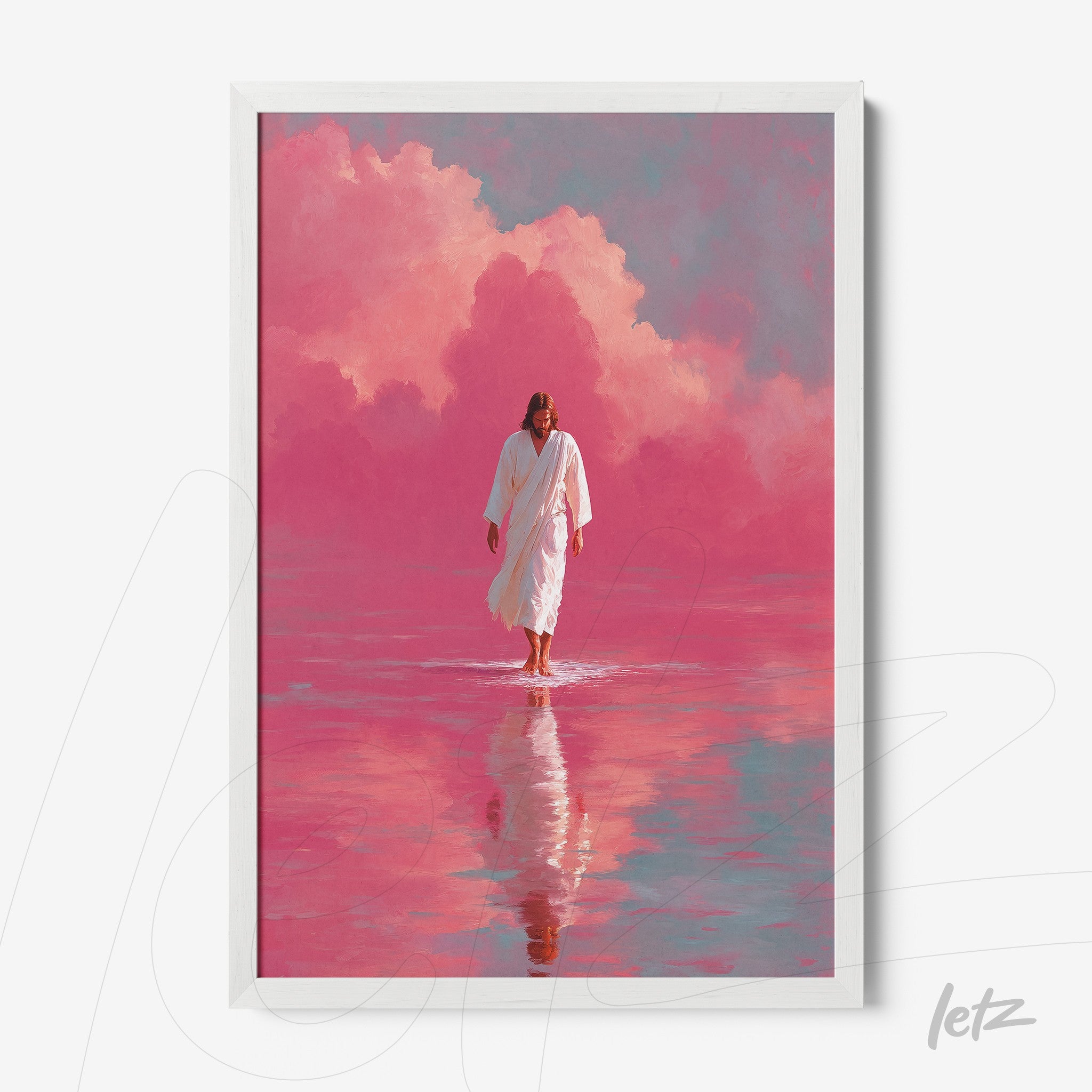quadro com arte de figura religiosa caminhando sobre águas em um fundo rosa vibrante com nuvens