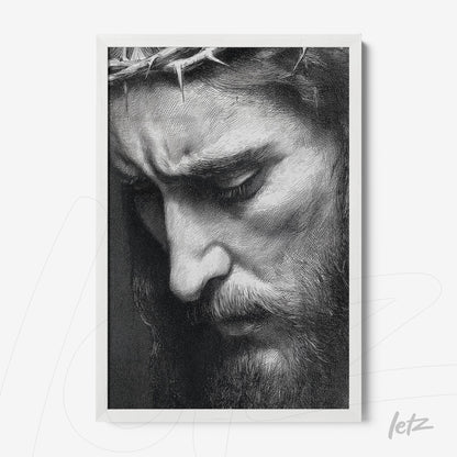 quadro com retrato em preto e branco de uma figura masculina com expressão de tristeza, moldura branca