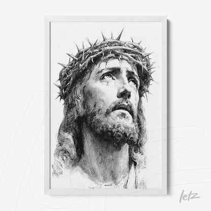 quadro emoldurado em branco com retrato de Jesus Cristo usando coroa de espinhos em tonalidade preta e branca