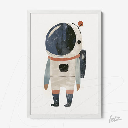 quadro com ilustração de astronauta colorido e fundo estrelado em moldura branca