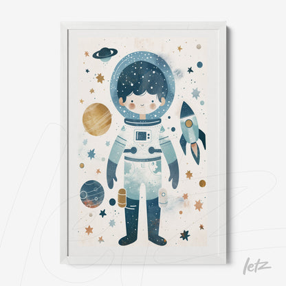 quadro com ilustração infantil de astronauta em fundo cósmico e moldura branca