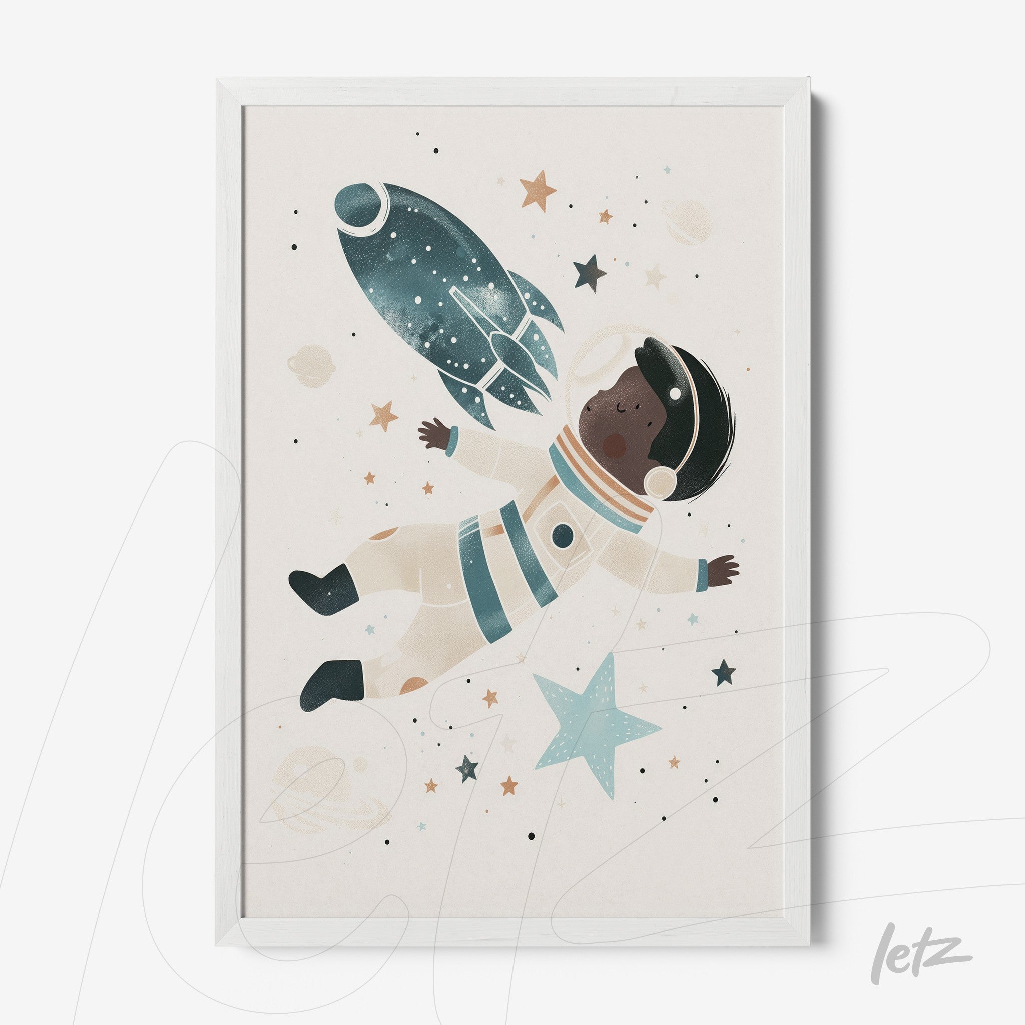 quadro infantil com astronauta negro flutuando no espaço, rodeado por estrelas e foguete, em moldura branca