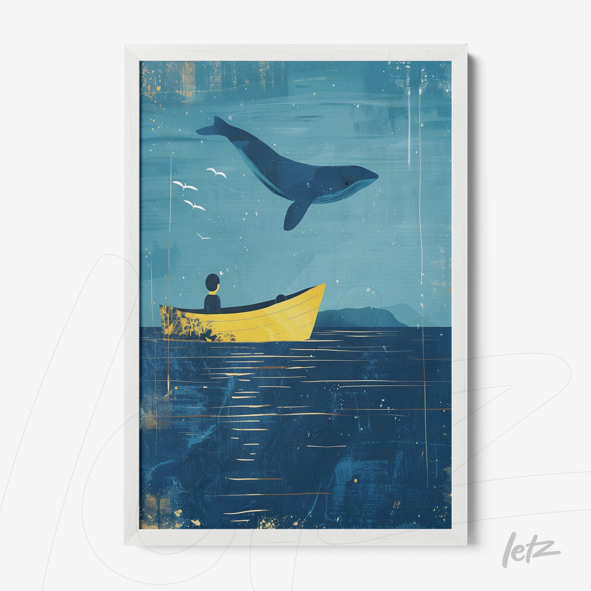 quadro com ilustração lúdica de uma pessoa em um barco amarelo observando uma baleia saltando em fundo marinho azul, moldura branca