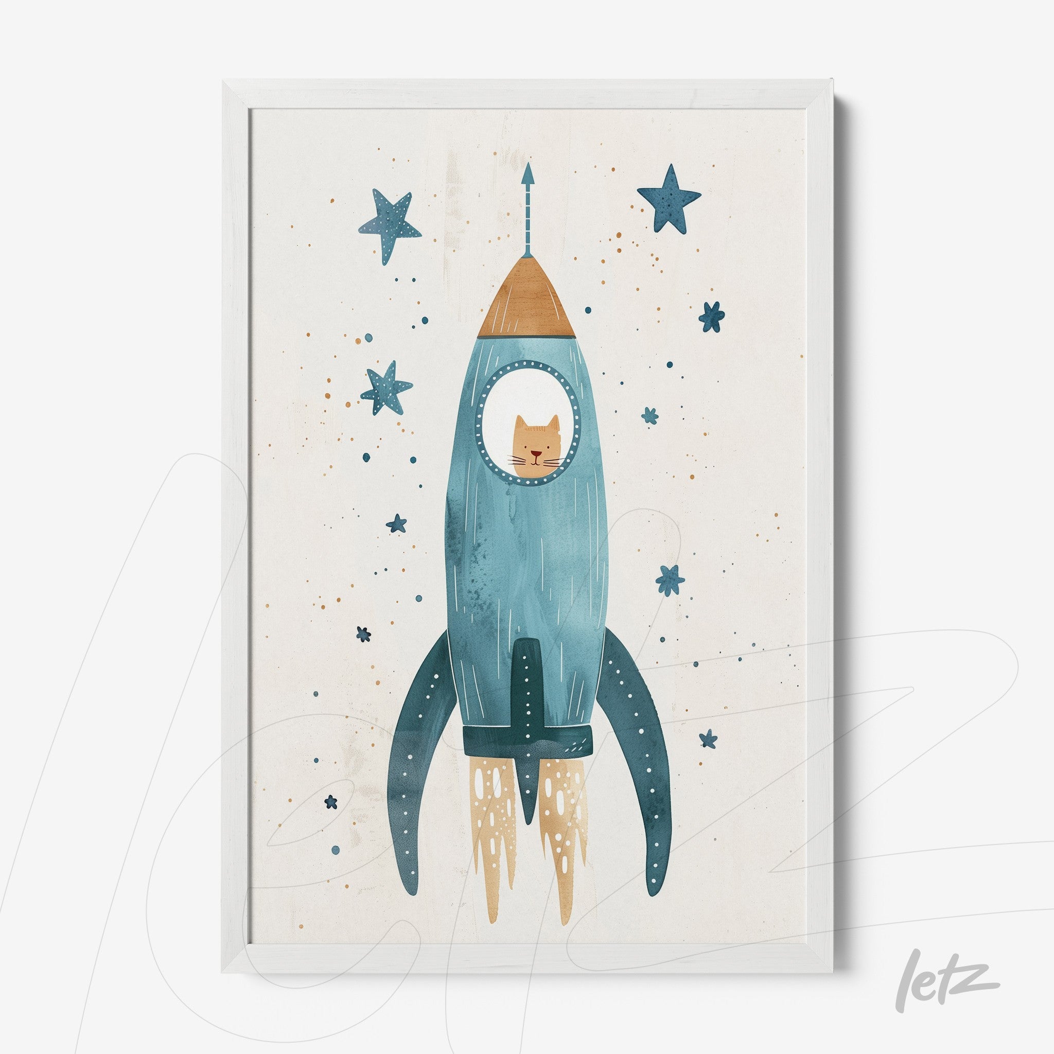 quadro com arte infantil de um gato dentro de um foguete azul com estrelas no fundo, em moldura branca