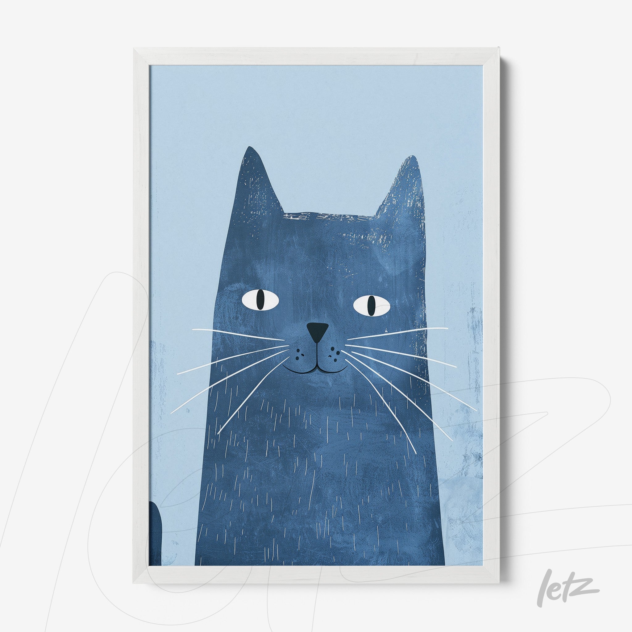 quadro com ilustração de um gato azul em fundo claro, moldura branca