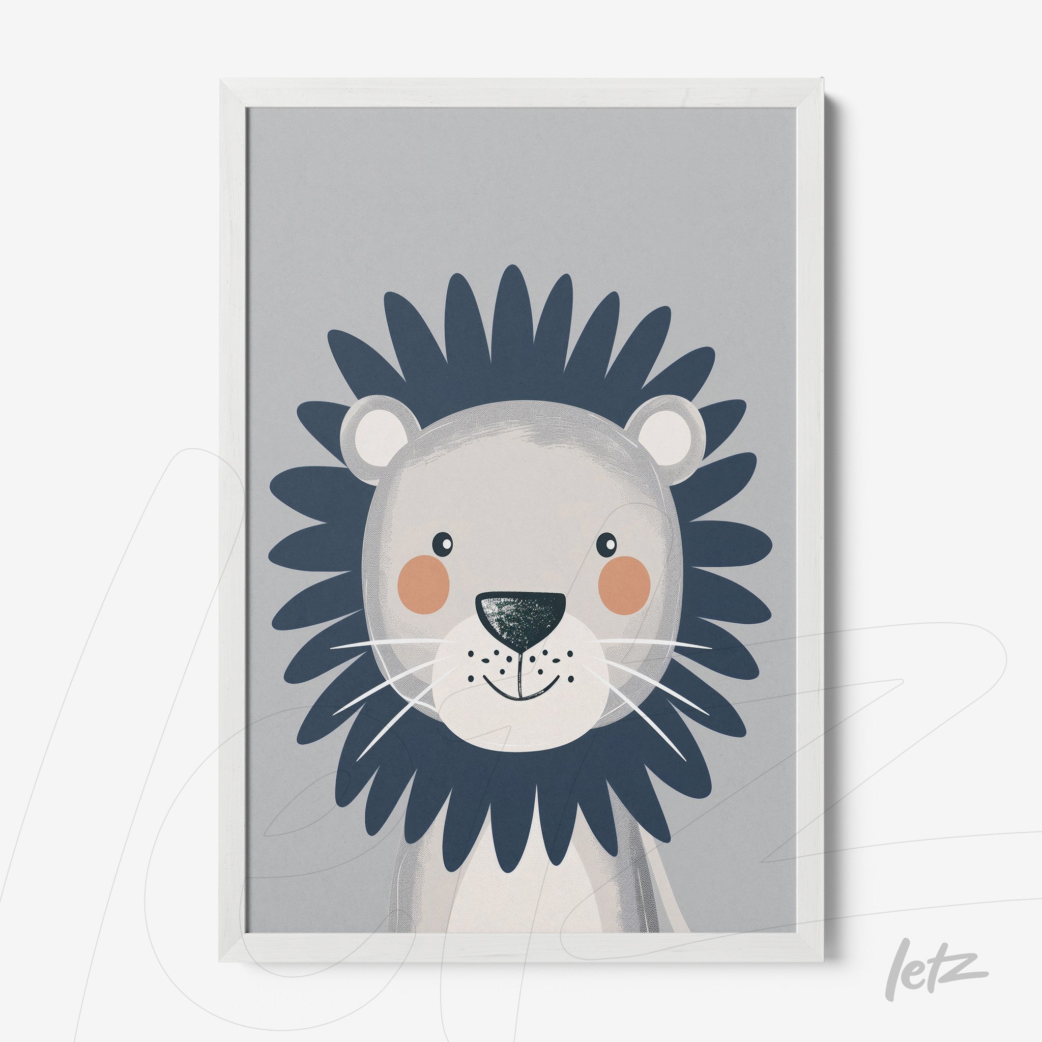 quadro com ilustração de um leão simpático em fundo cinza com moldura branca