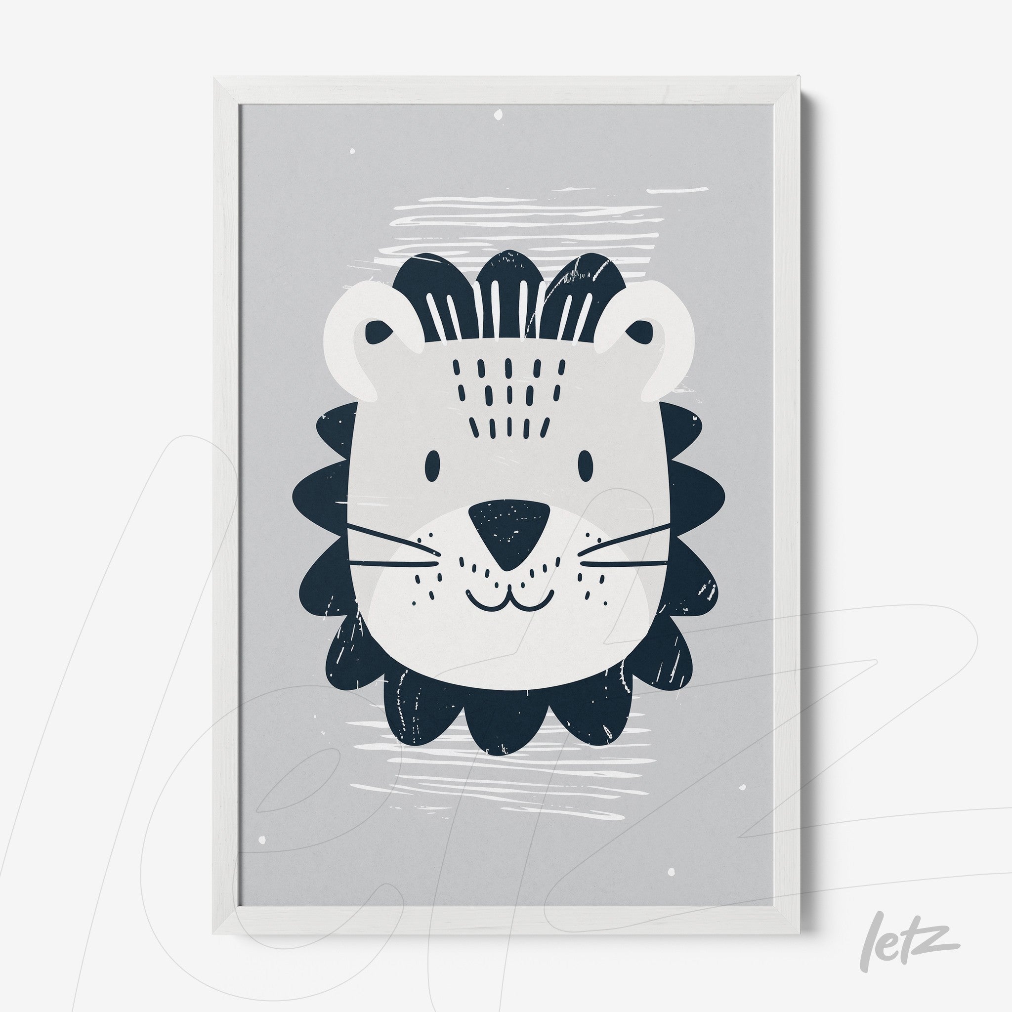 quadro com ilustração de leão em estilo infantil, fundo cinza e moldura branca