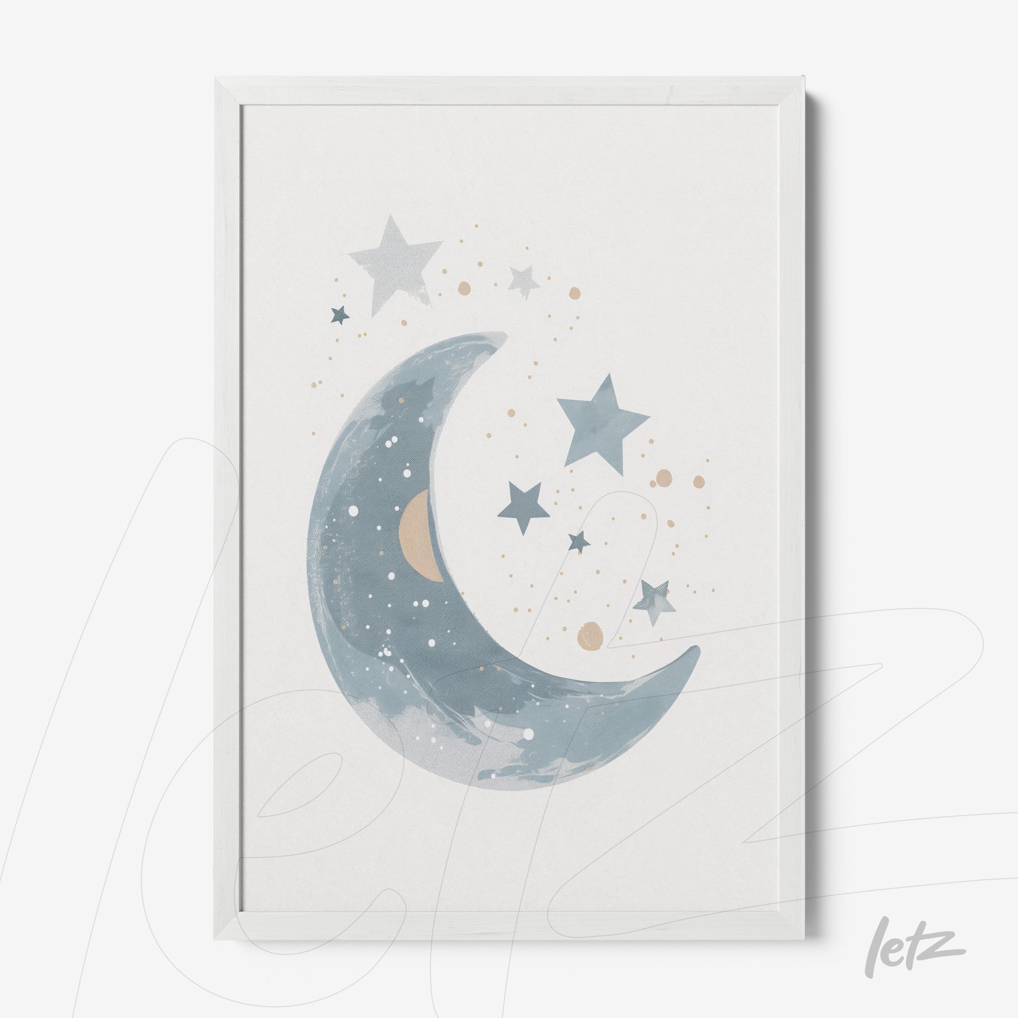 quadro com ilustração de lua azul e estrelas em moldura branca