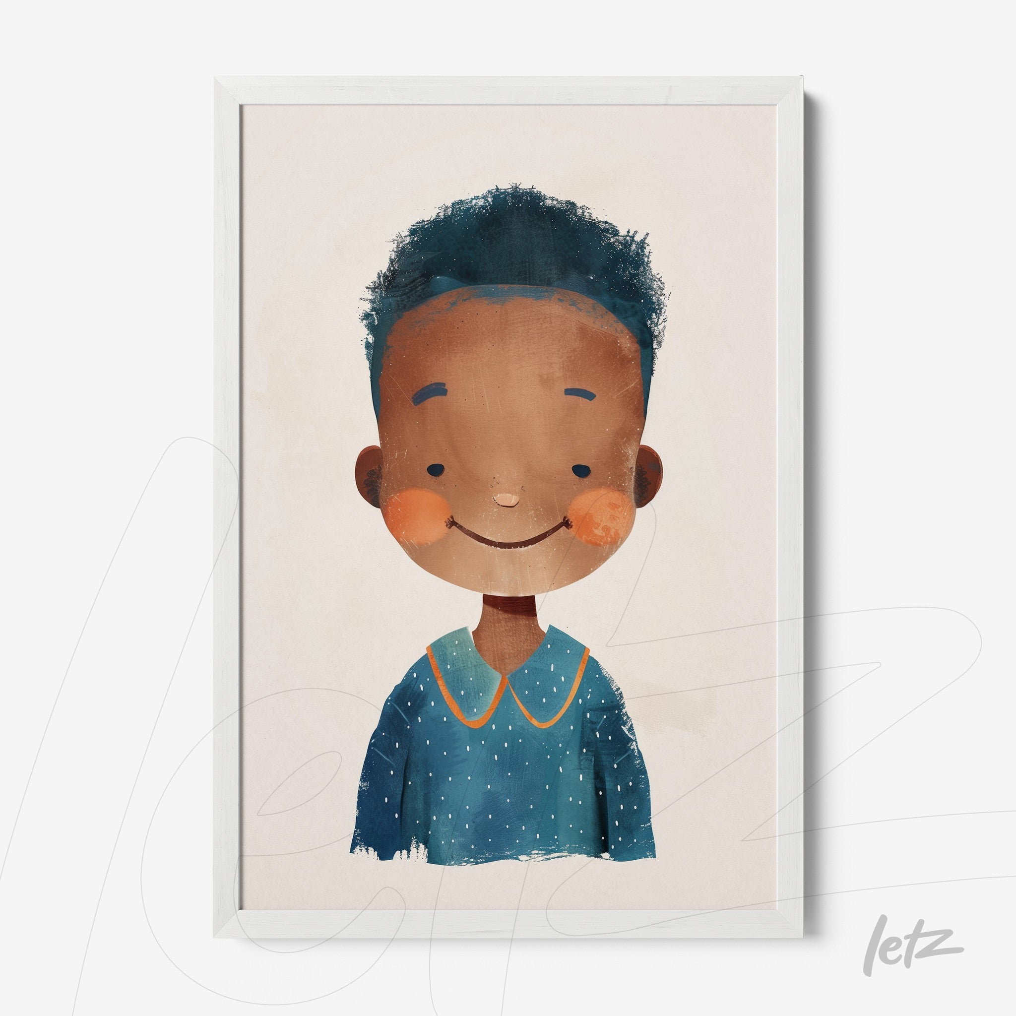 quadro com ilustração infantil de menino sorridente, cabelo cacheado e camiseta azul, em moldura branca
