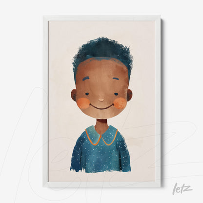 quadro com ilustração infantil de menino sorridente, cabelo cacheado e camiseta azul, em moldura branca