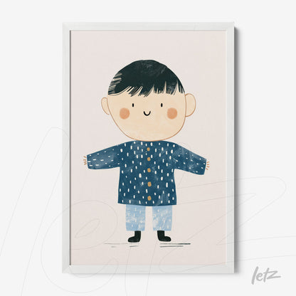 quadro com ilustração infantil de menino sorridente vestindo casaco azul e calça clara, moldura branca