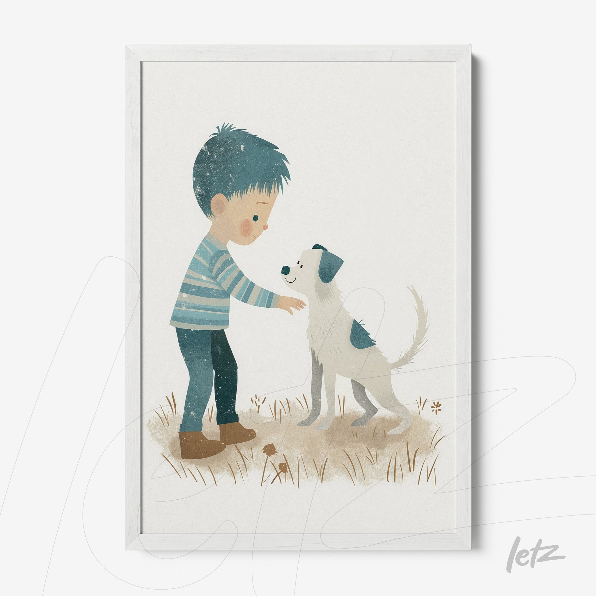 quadro com ilustração infantil de menino interagindo com um cachorro em fundo neutro, moldura branca