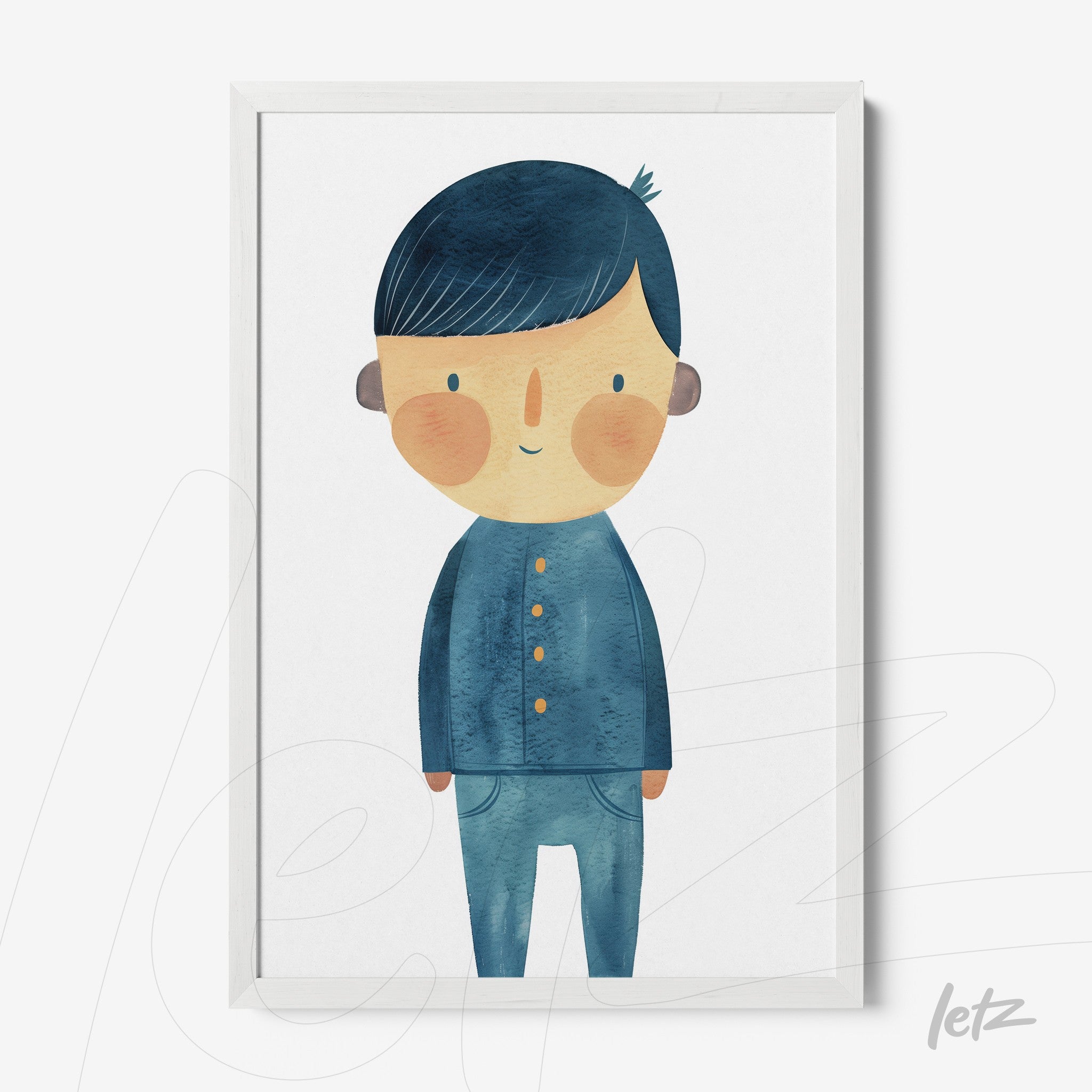 quadro com ilustração colorida de um menino com cabelo curto e uma blusa azul em moldura branca