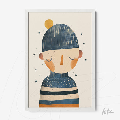quadro com ilustração colorida de uma figura com gorro, detalhes em azul e laranja, moldura branca