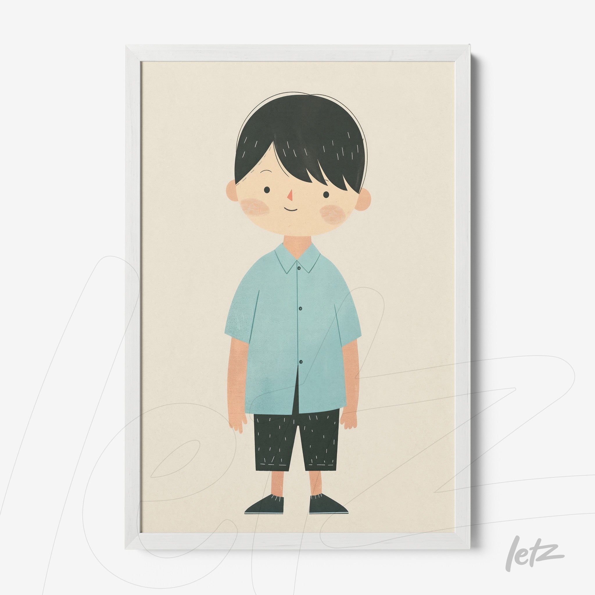 quadro com ilustração de menino com camisa azul e calças escuras em moldura branca