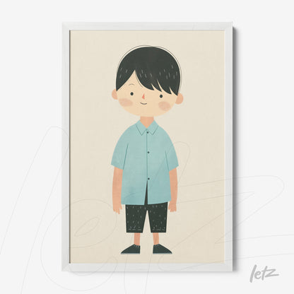 quadro com ilustração de menino com camisa azul e calças escuras em moldura branca