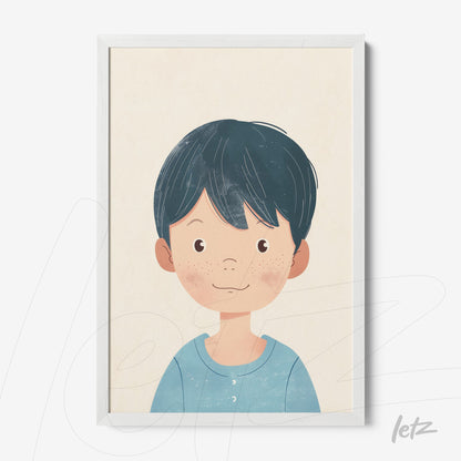 quadro com ilustração de menino sorridente com cabelo escuro e lisa em moldura branca