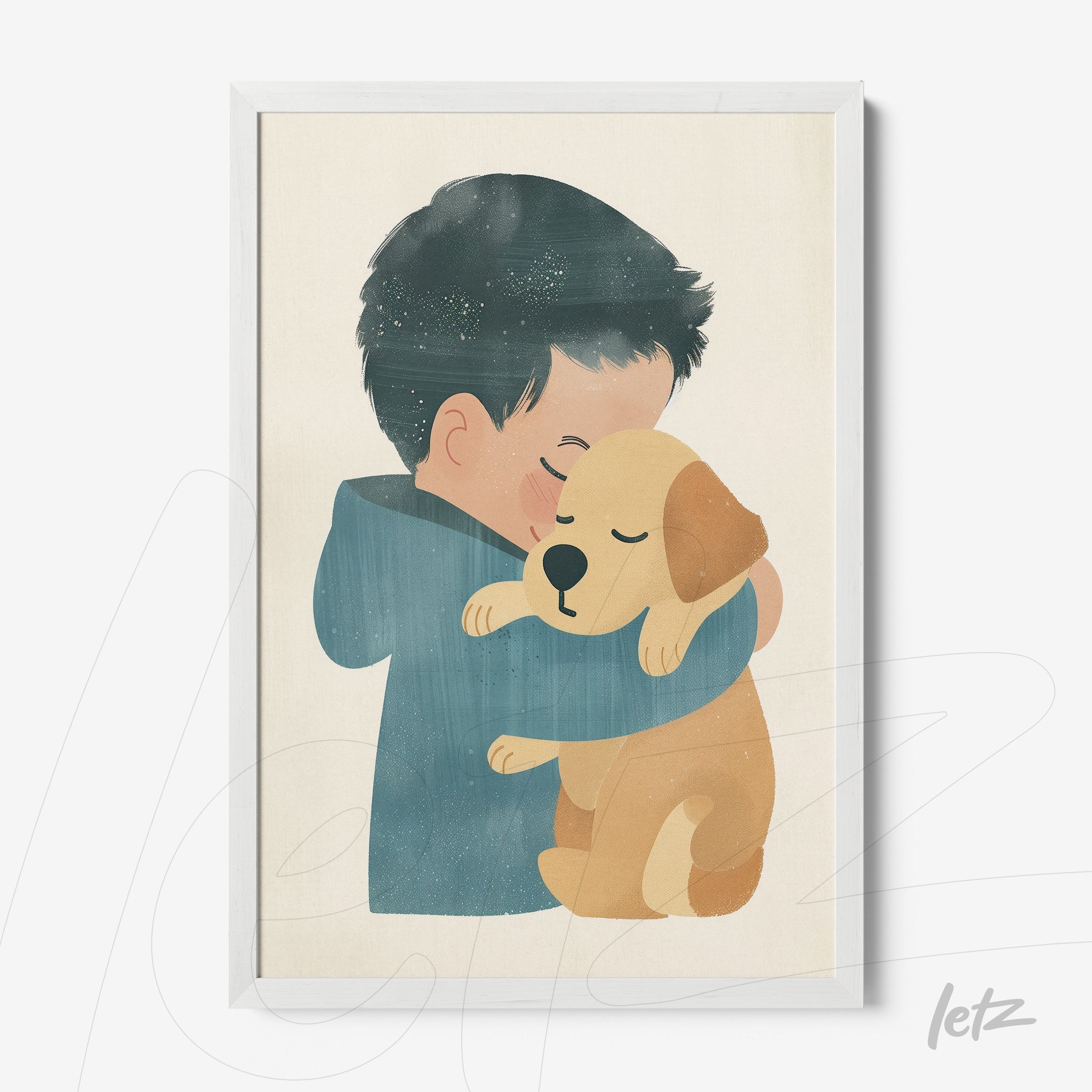 quadro com ilustração de menino abraçando um cachorro em moldura branca