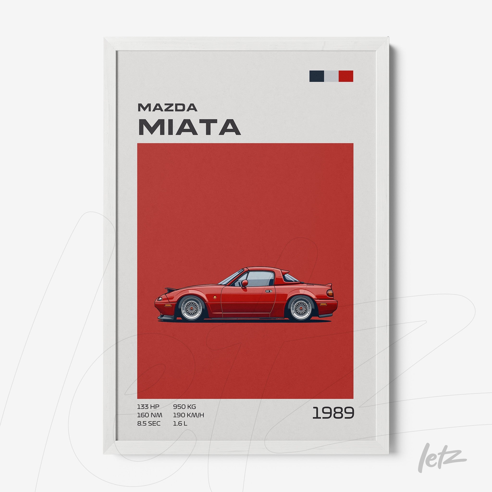 quadro com ilustração de carro Mazda Miata em fundo vermelho com moldura branca