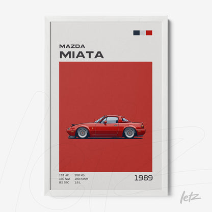 quadro com ilustração de carro Mazda Miata em fundo vermelho com moldura branca