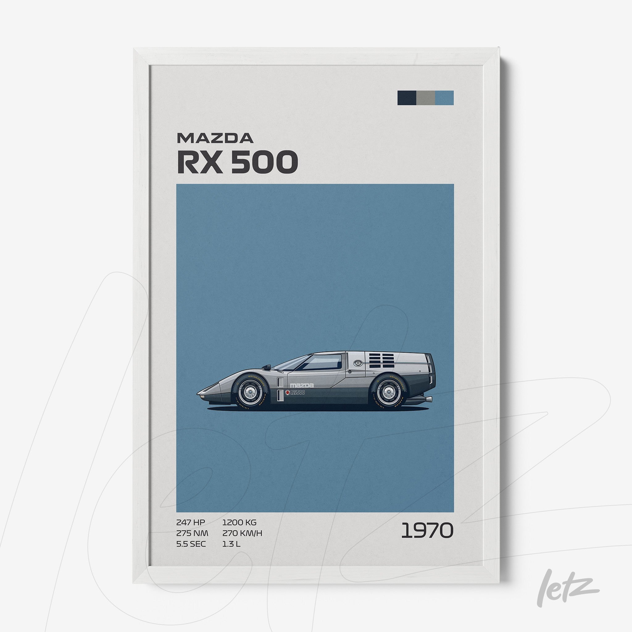 quadro com ilustração minimalista do carro Mazda RX 500 em moldura branca